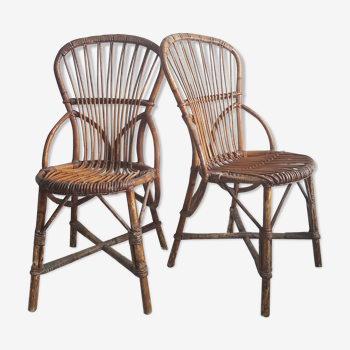 Pair of vintage rattan chairs by Audoux and Minnet