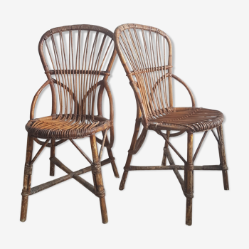 Paire de chaises en rotin vintage par Audoux et Minnet