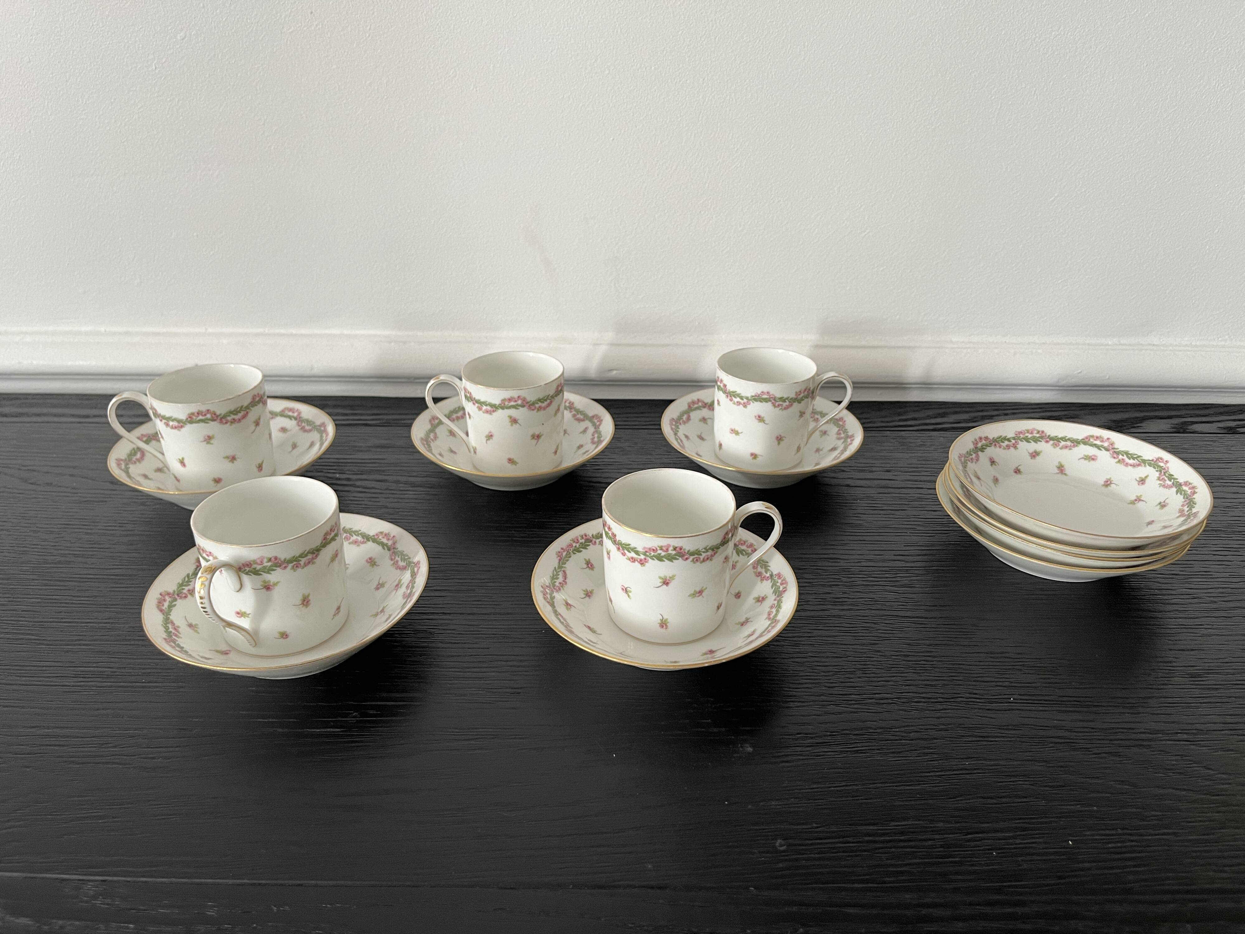 5 tasses à café 11 soucoupes-À la Paix,Paris-1900-Porcelaine de Limoges