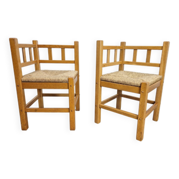 Vintage Dutch Art Deco Style Corner Chair in Oak and Rush, 1950s, Set of 2