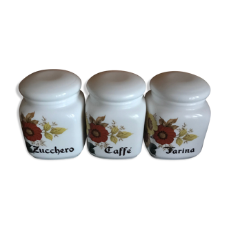 Set of three Italian white glass jars