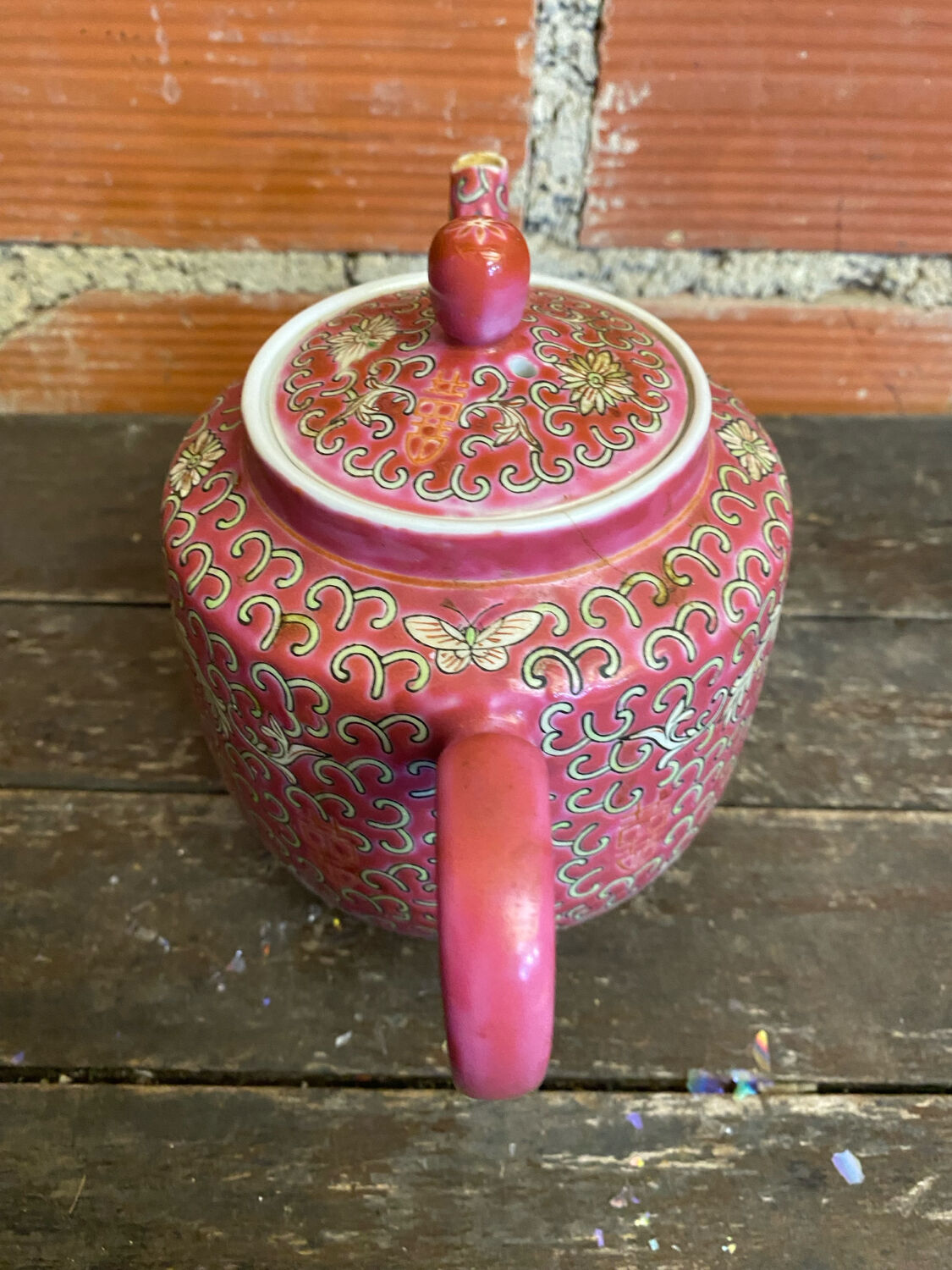 Antique MUN SHOU Teapot Pink Porcelain Flower Decor China Vintage #