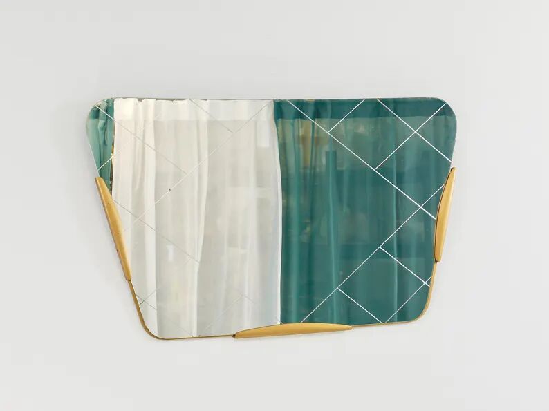 Large Trapezoidal Golden Wall Mirror With Engraved Diamond Pattern, Austria, 1950s