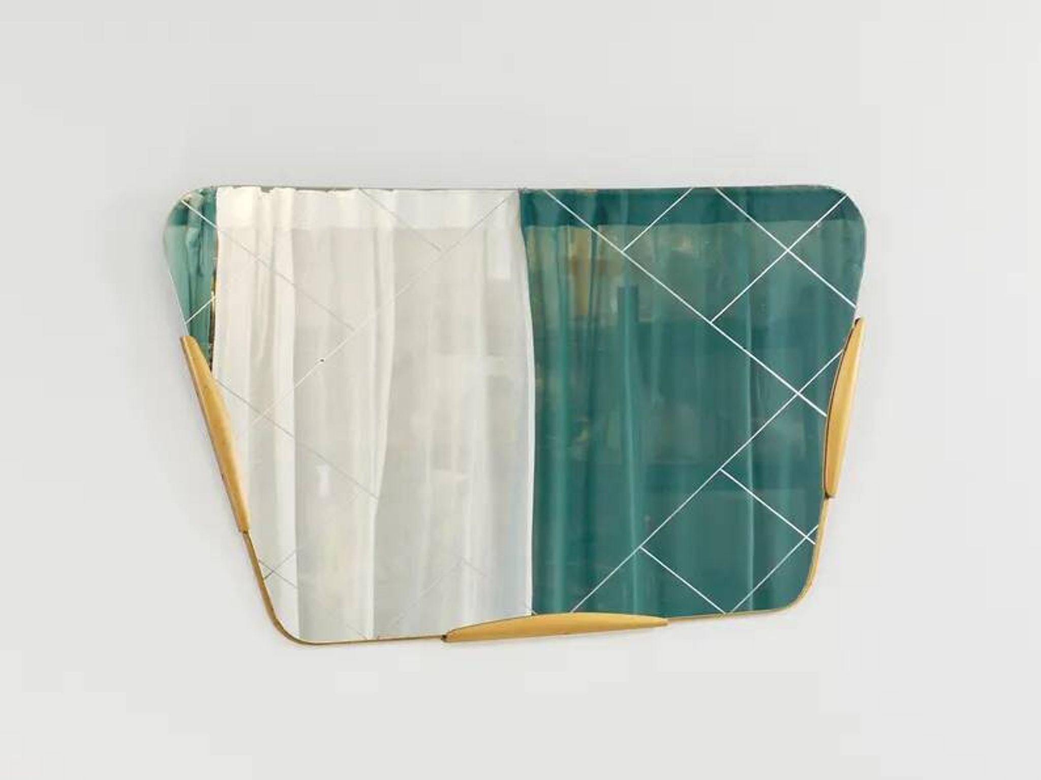 Large Trapezoidal Golden Wall Mirror With Engraved Diamond Pattern, Austria, 1950s