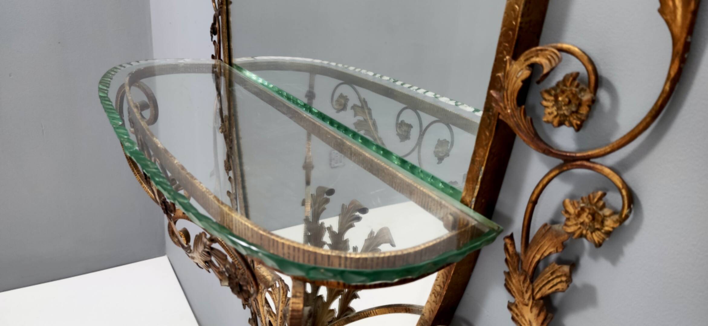 Entryway Mirror and Brass and Glass Console by Pierluigi Colli with Floral Frame