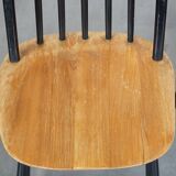 Set of 4 vintage wooden design chairs with black spindle backrest and brown seat