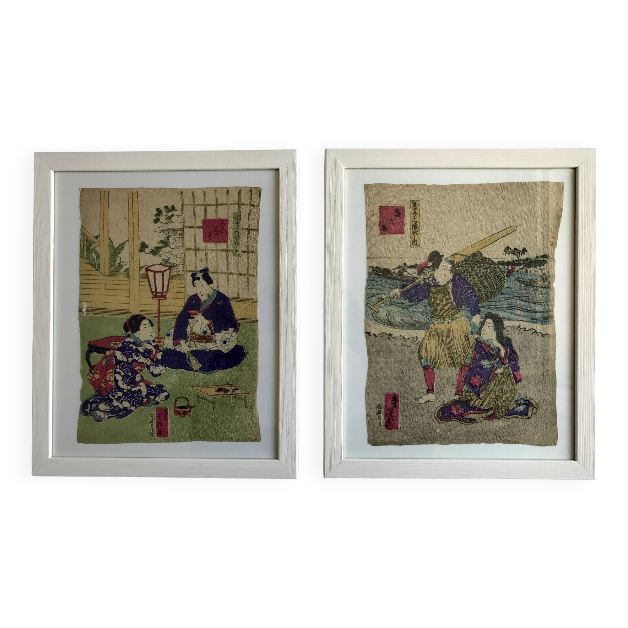 The Fisherman & Tea Ceremony. Duo of Japanese prints on rice paper.