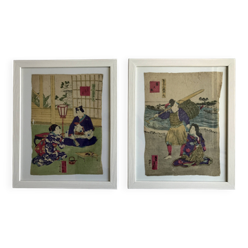 Duo d'estampes japonaises sur papier chiffon, Le pêcheur & Cérémonie du thé