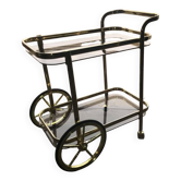 Chariot de bar 2 niveaux en laiton doré et plateaux verre transparent, finition jaune
