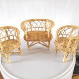 Miniature armchairs and sofa in wicker design 70s