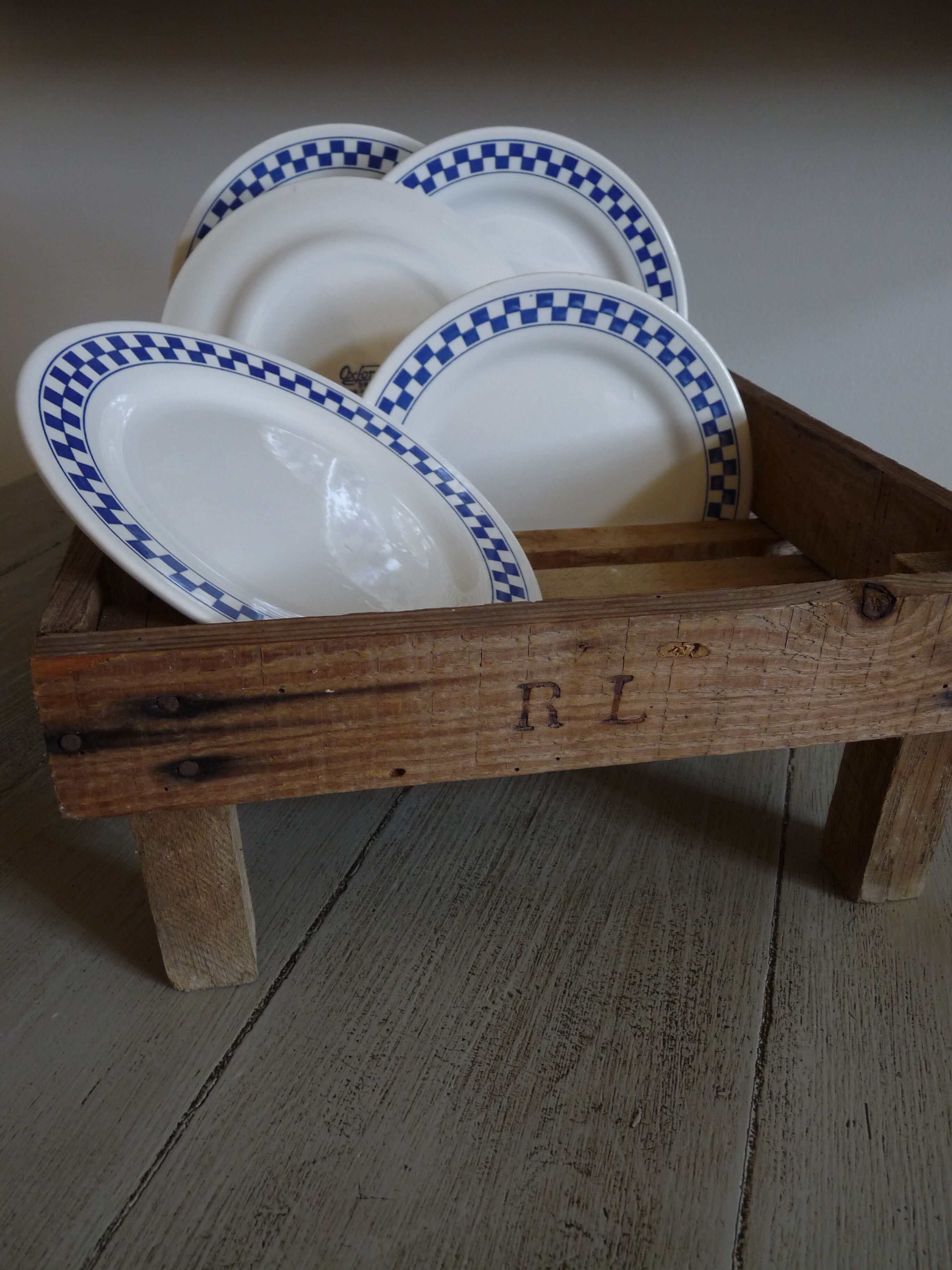 6 dessert plates blue checkerboard décor style Lustucru Oxford Brazil