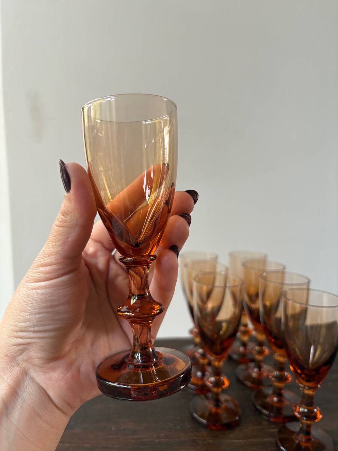 Set of 8 vintage amber portieux crystal glasses from the 70s