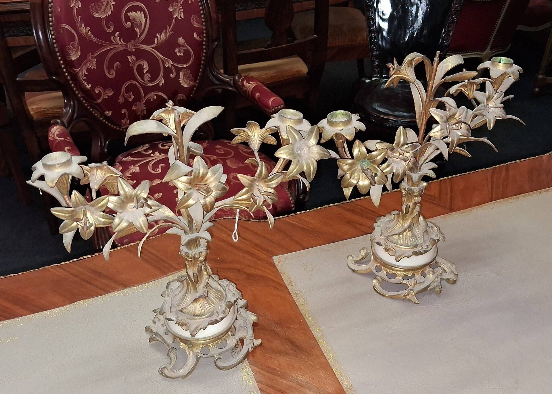 Pair of Louis XV Rocaille Style Candle Holders in Gilded Bronze and Marble