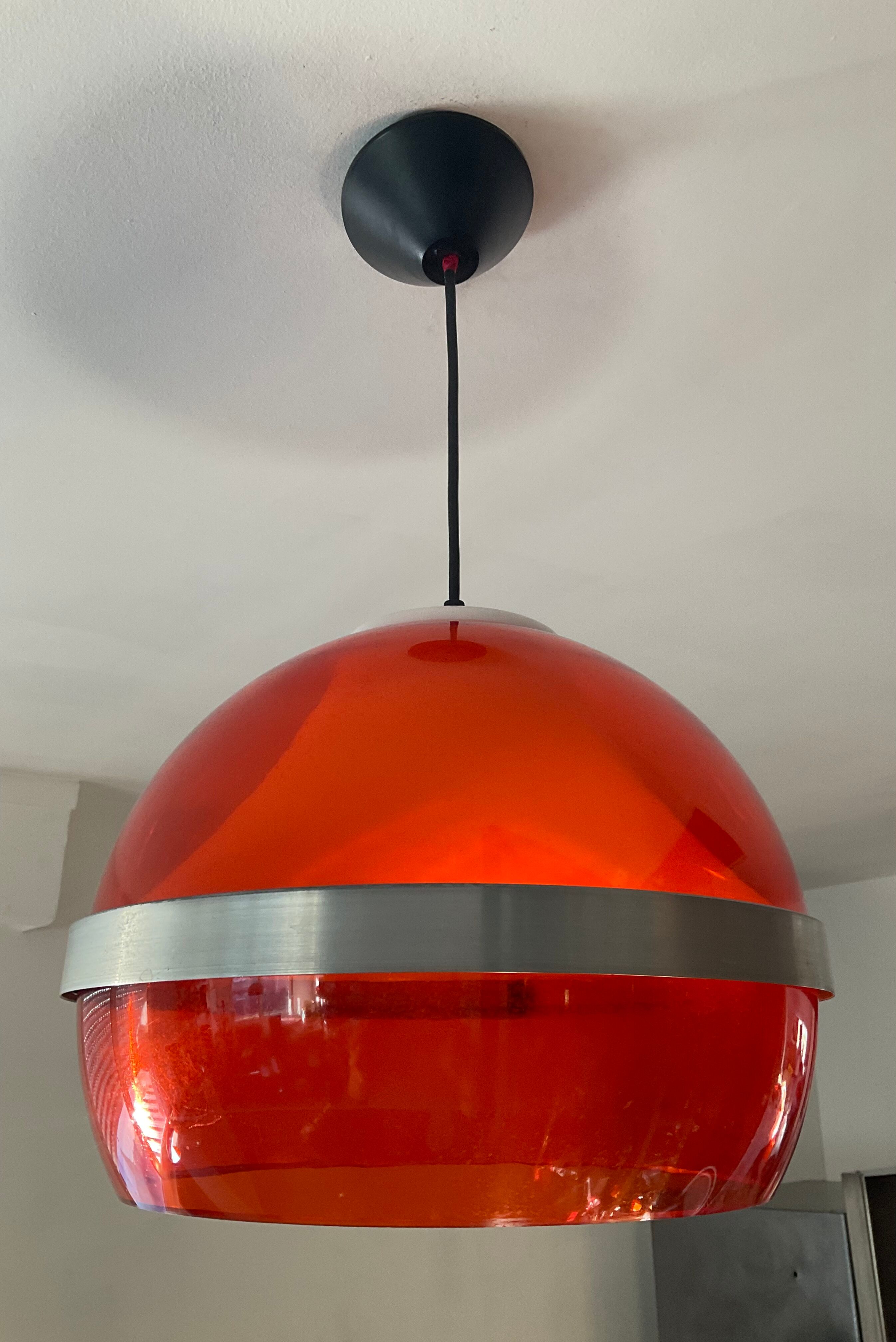 Space age pendant lamp in orange plexiglass and chromed metal
