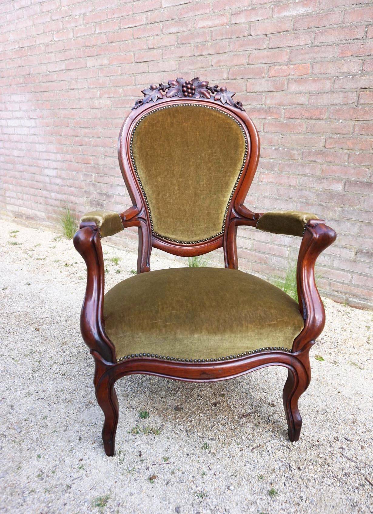 Mahogany Napoleon III Armchair with Carved Grapes  Decoration on Top, 1870s