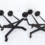 Pair of brutalist wrought iron candlesticks, France, three lights, signed
