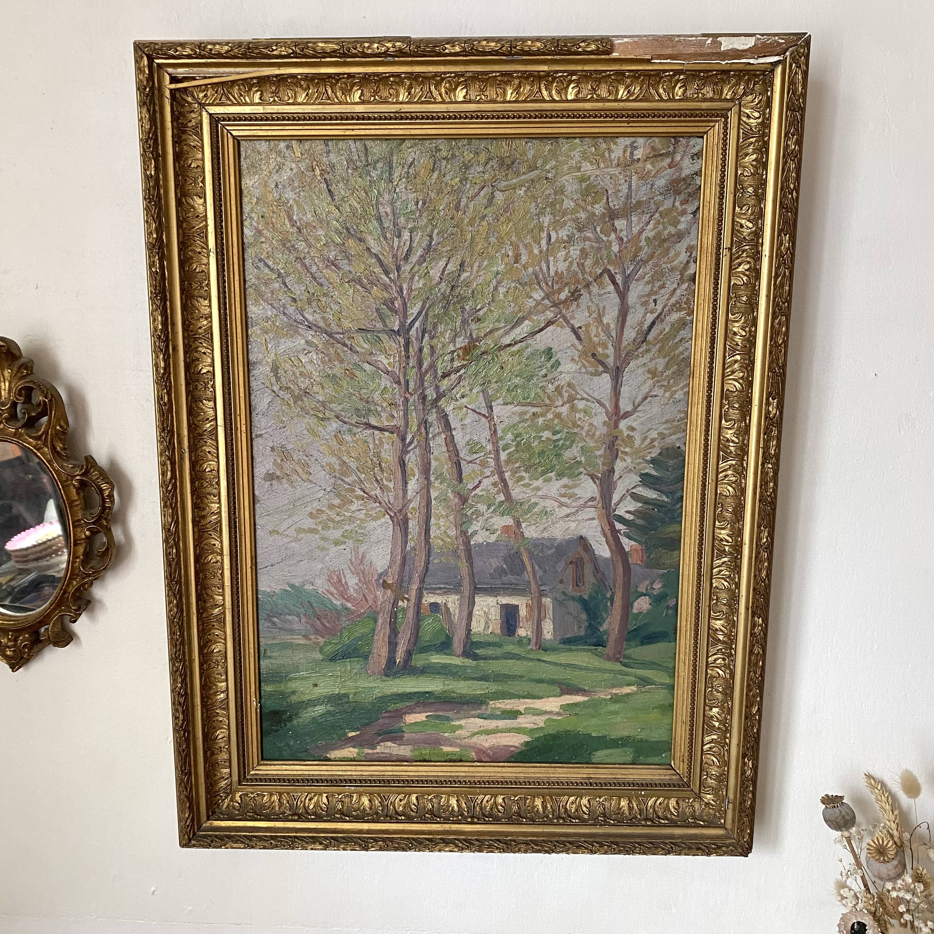 Old oil on canvas, wooded landscape with house, gilded frame.
