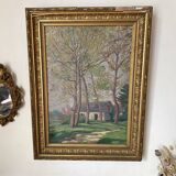 Old oil on canvas, wooded landscape with house, gilded frame.