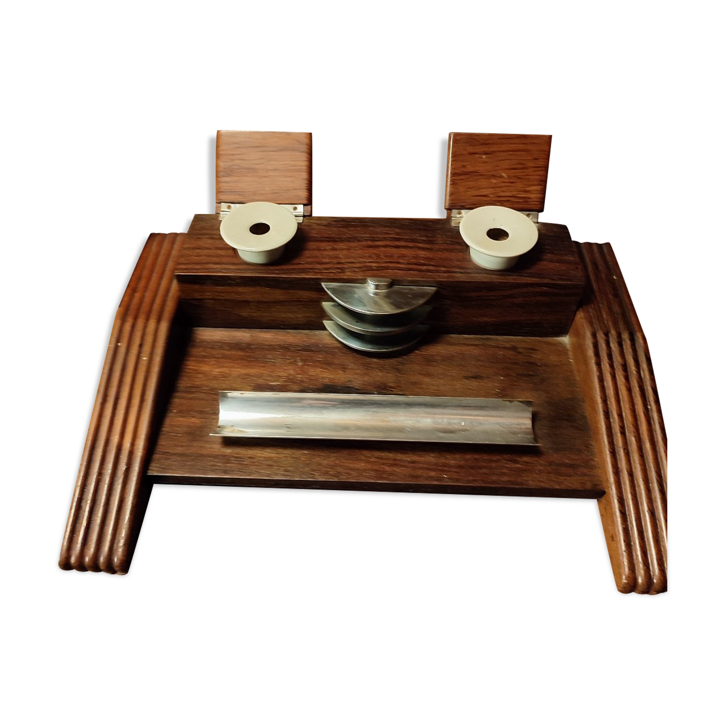 Wood inkwell and zinc complete with porcelain inkwells