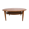 Round coffee table, two levels, danish in teak, brass and cannage