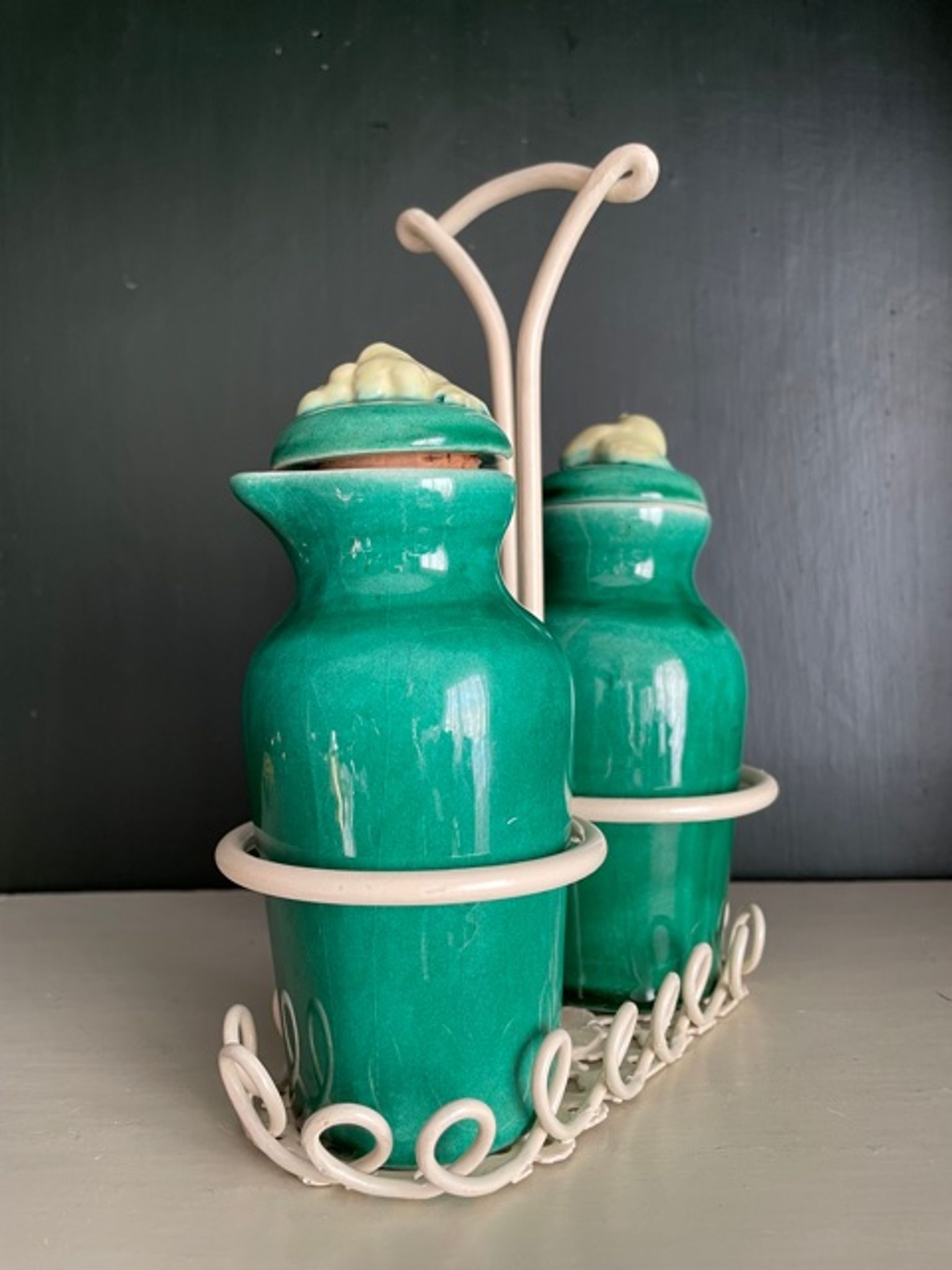Oiler vintage vinegar 1950 ceramic and perforated metal