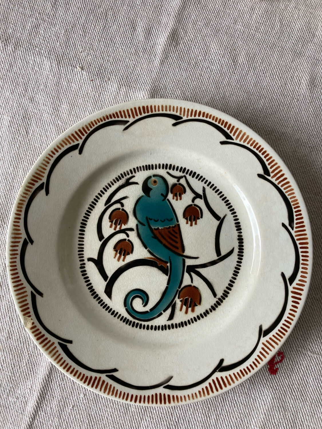 Dessert plates and serving dish, K&G Luneville, parakeet model.