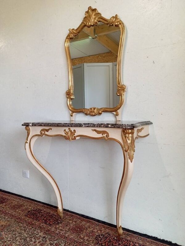 Console et miroir de style Louis XV en bois doré et marbre