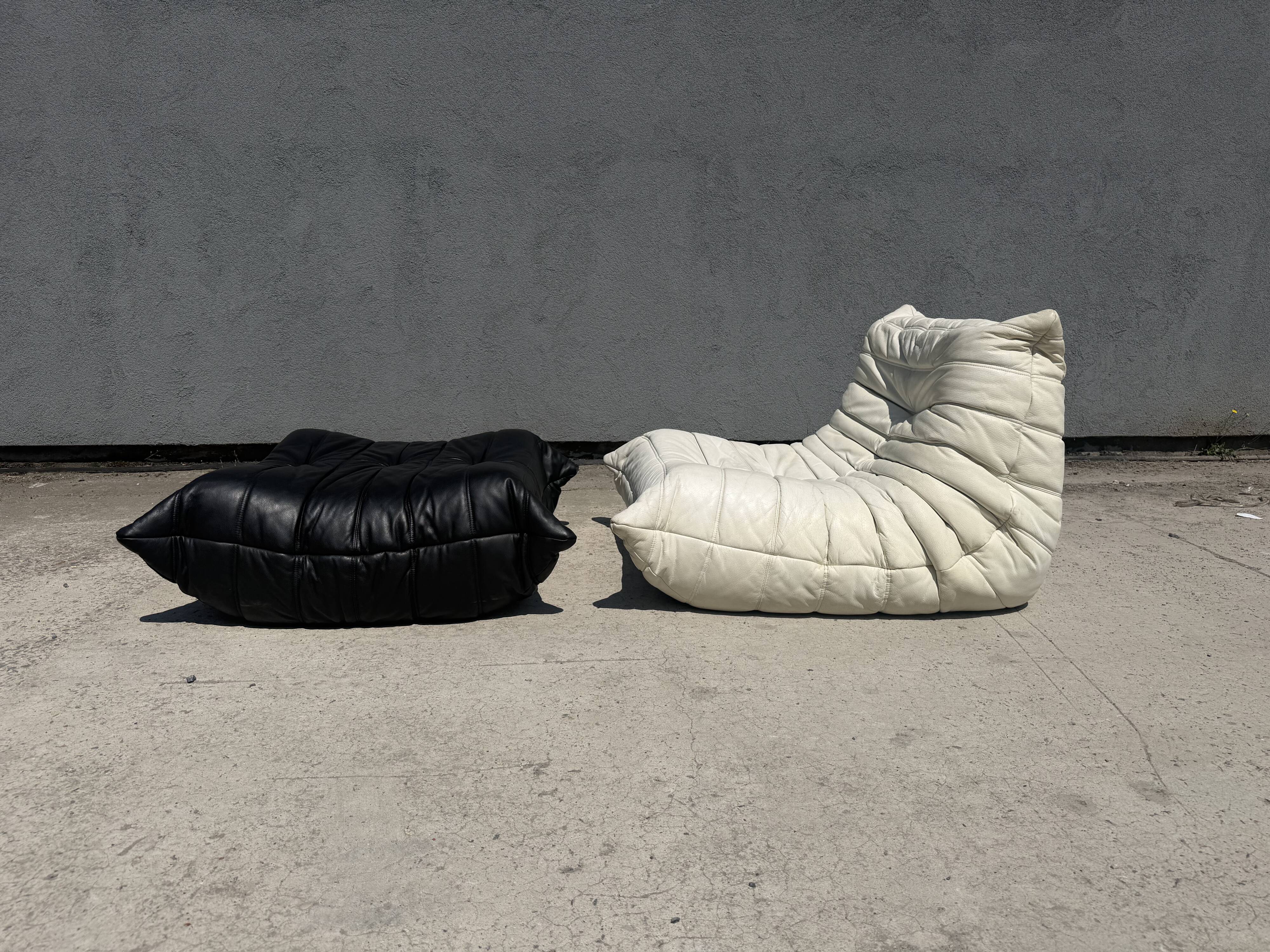 100% authentic Ligne Roset Togo 1-seater + pouf original leather Black & White