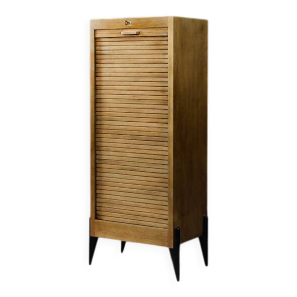 Vintage Industrial Danish Roller Shutter Brown Oak Cabinet with Drawers
