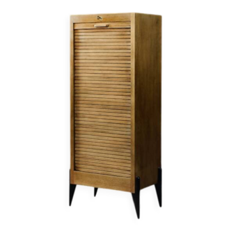 Vintage Industrial Danish Roller Shutter Brown Oak Cabinet with Drawers