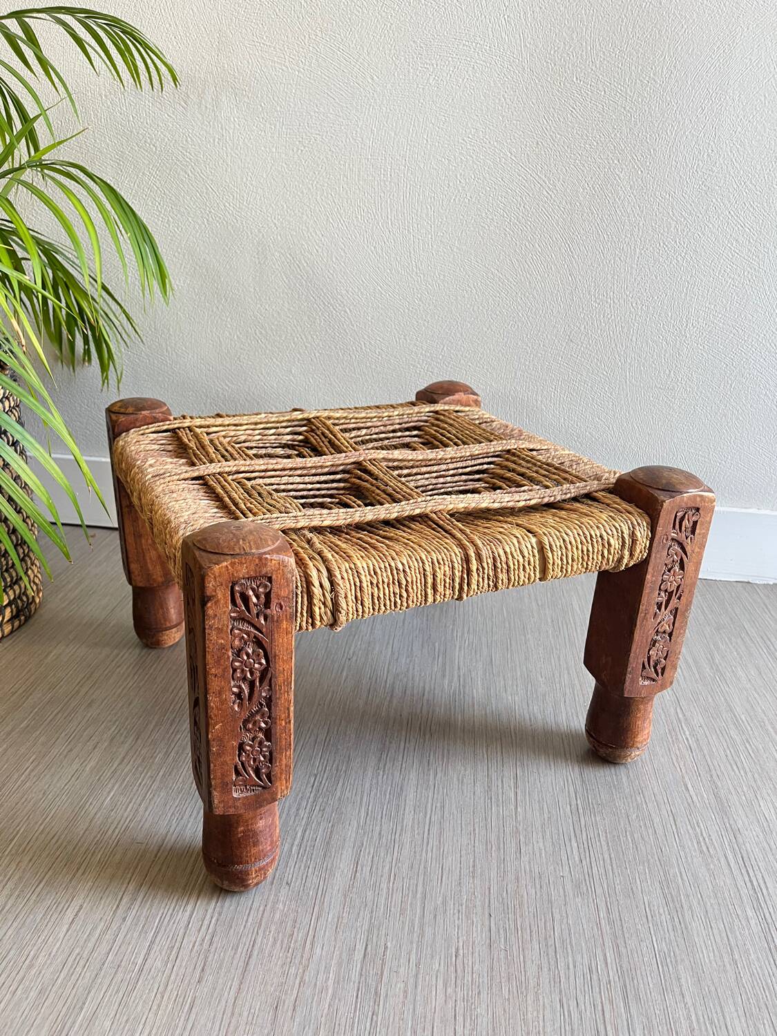 Charpoy stool in wood and rope