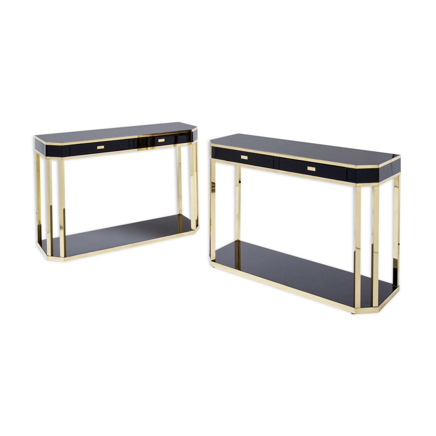 Pair of black lacquered consoles and brass 1970
