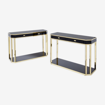 Pair of black lacquered consoles and brass 1970