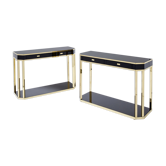 Pair of black lacquered consoles and brass 1970