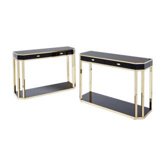 Pair of black lacquered consoles and brass 1970