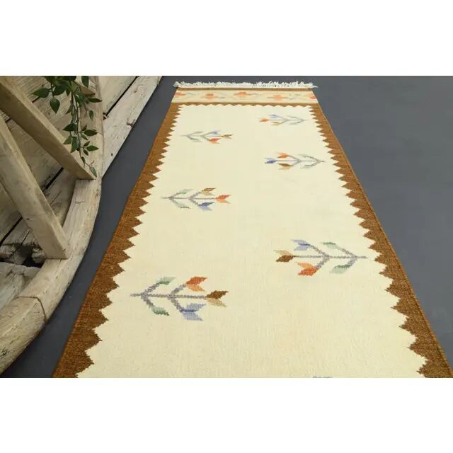 1970s Turkish Oushak Handmade Wool Cotton Beige Runner 71x283