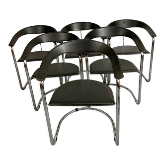 6 chaises design 70 Cantilever de Arrben chrome et cuir noir