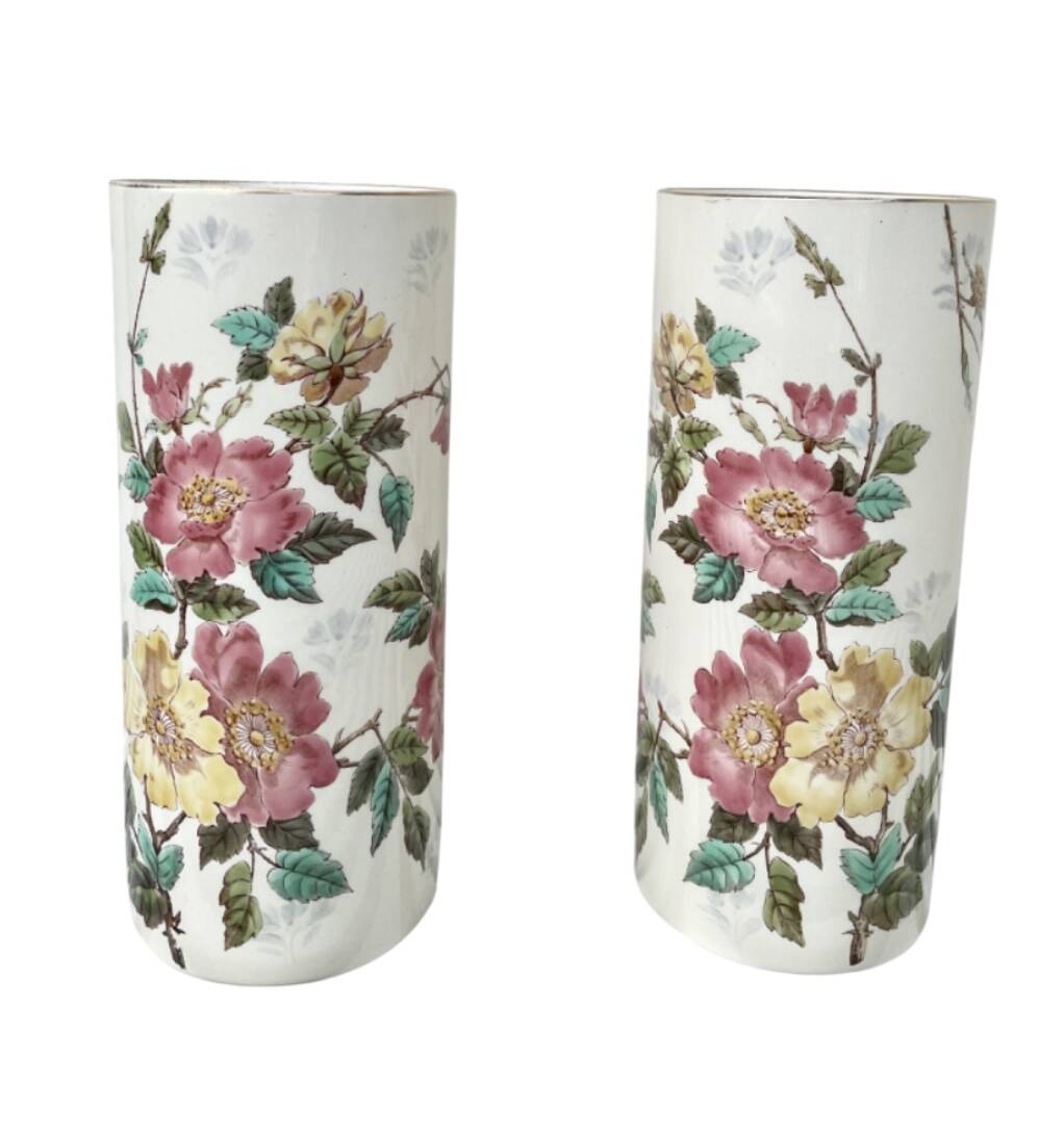 Roller vases in earthenware with floral decoration of wild rose, circa 1930–1950.