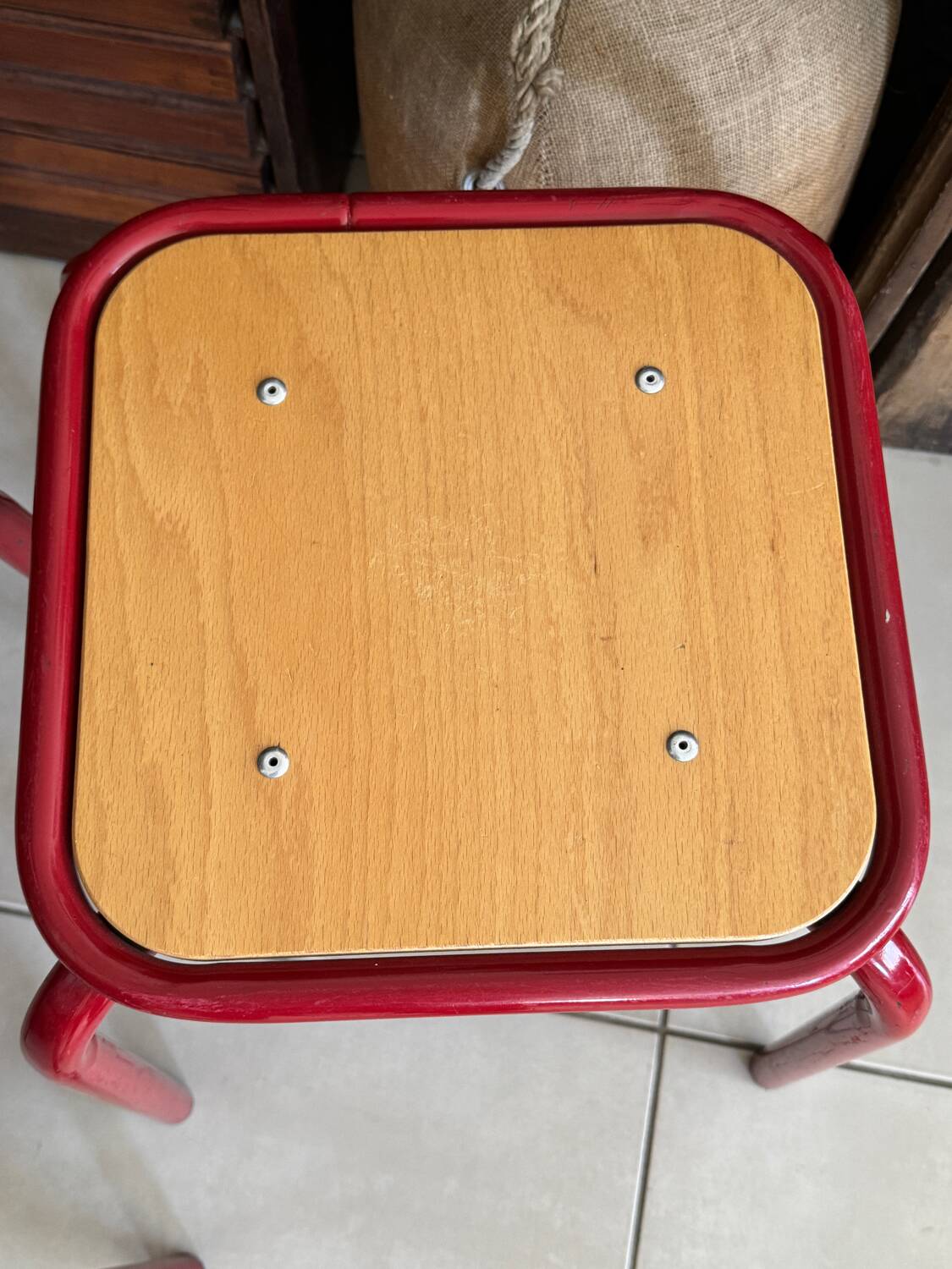 Vintage workshop style stool trio – 2 red & 1 blue