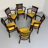 Lot de 6 chaises bistrot fauteuils en bois et simili jaune vintage année 80
