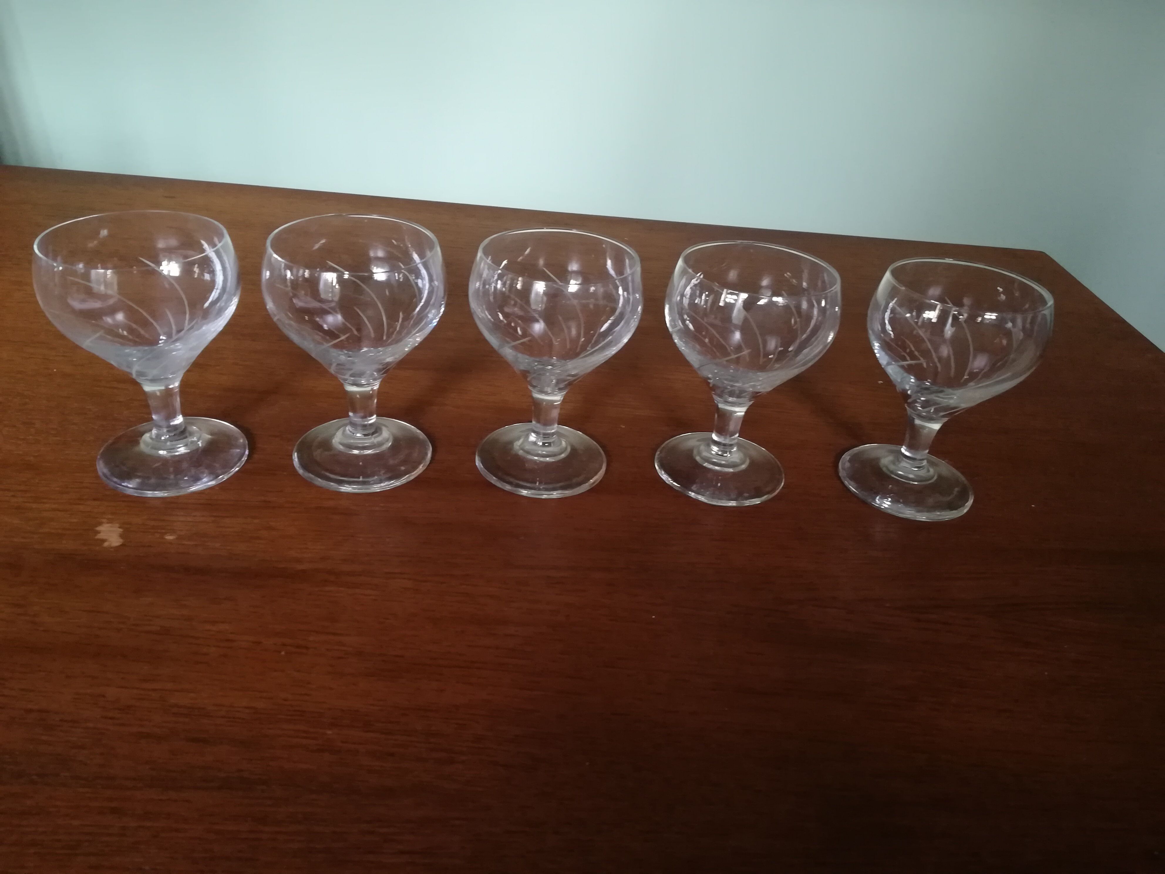 Five engraved vintage glasses white wine or aperitif glasses