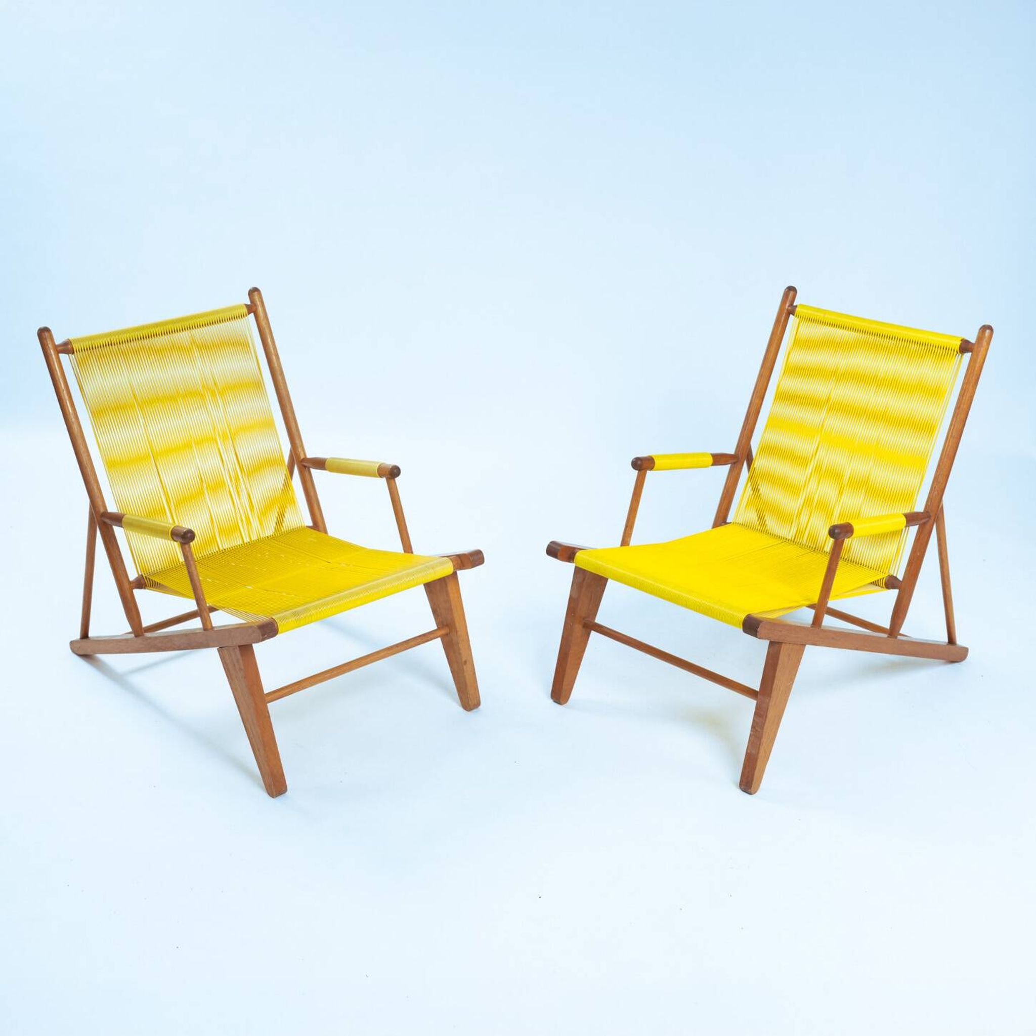 2 Yellow Spaghetti Armchairs in Beech, Garden Lounge Chairs, 1960s