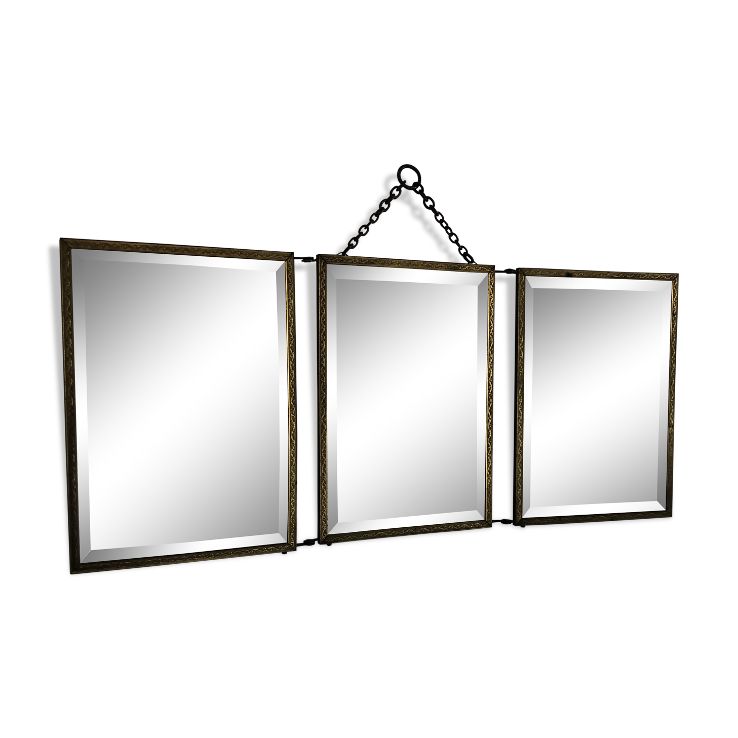 Vintage brass bevelled triptych mirror 1900 - 21 x 49 cm