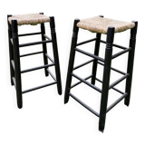 Set of 2 black wooden bar stools with rush seat from the 70s and 80s