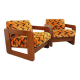 Pair of vintage walnut and velvet fabric sleigh armchairs from the 70s