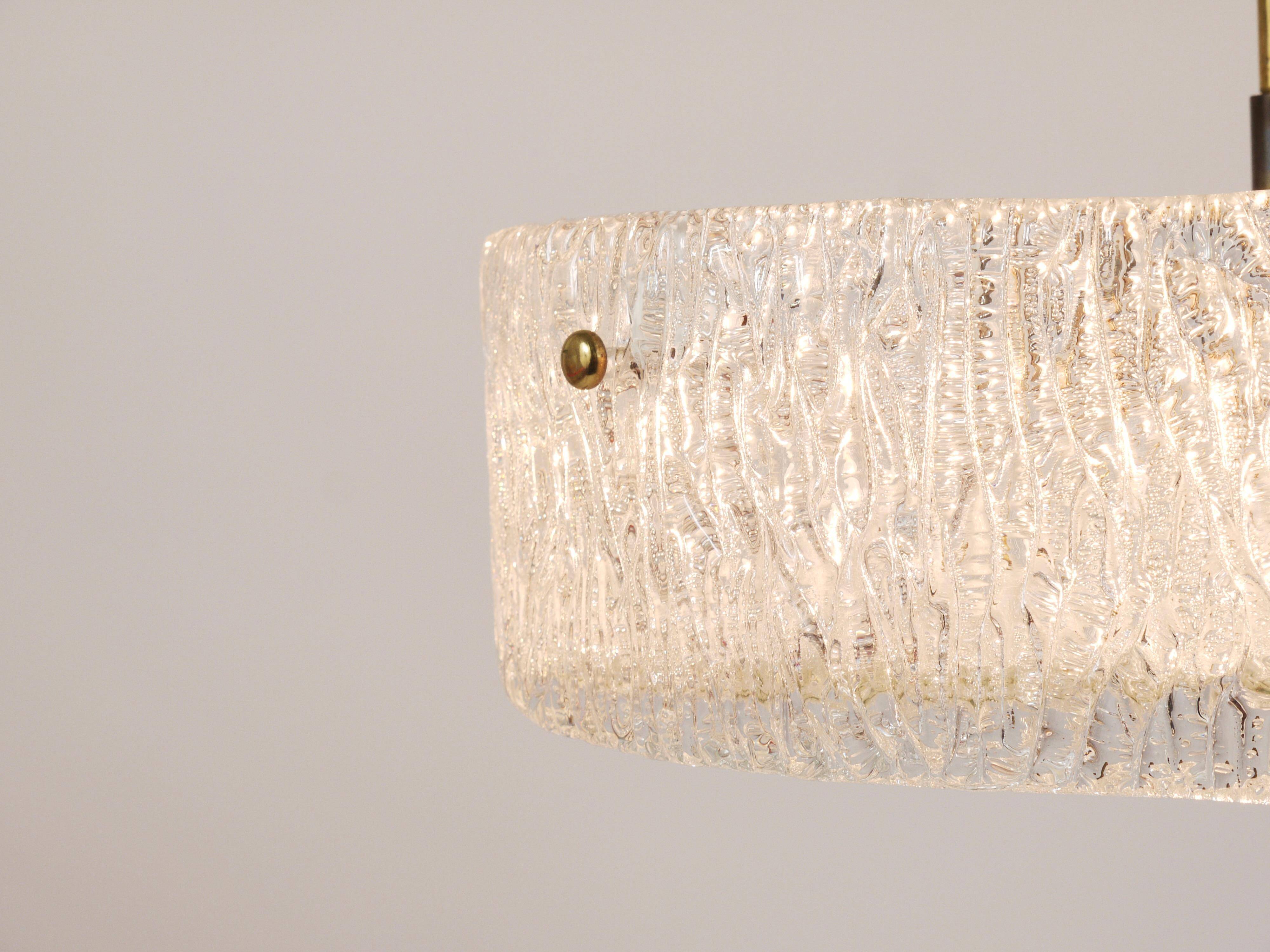 J.T. Kalmar Lustre pendant light in brass and textured glass, 1950s