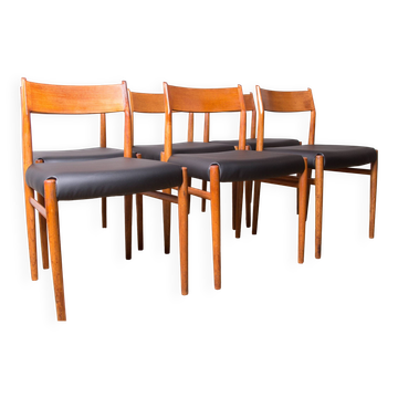6 Danish chairs in teak and new skai, model 418 by Arne Vodder 1960.