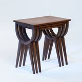 Midcentury nesting gigogne tables with parquetery in oak, 1950s france
