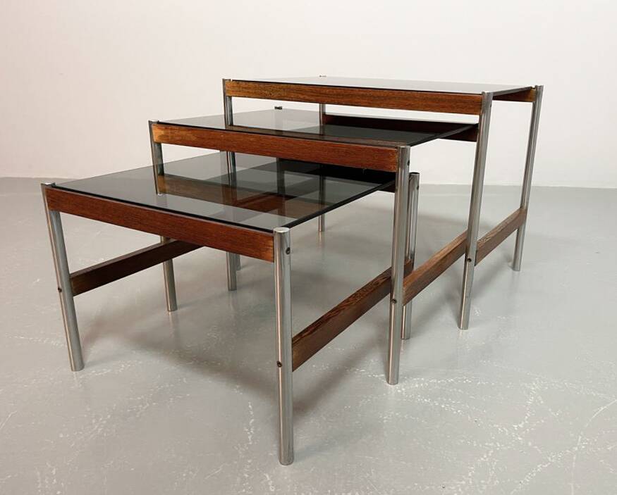 3 Fristho Dutch Design Nesting Tables with Smokey Glass Top Wenge Frame 60s