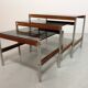 3 tables gigognes Fristho de design hollandais avec plateau en verre fumé et cadre en wengé, années 60